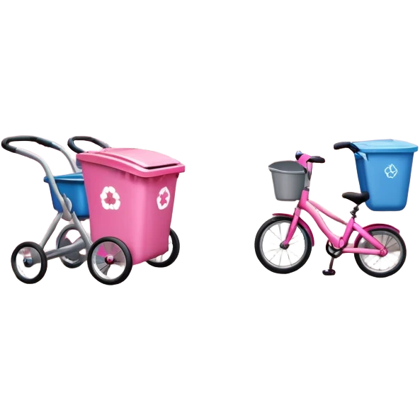 Two pink kids bikes, a stroller, and a trash can, at the end of a hallway emoji