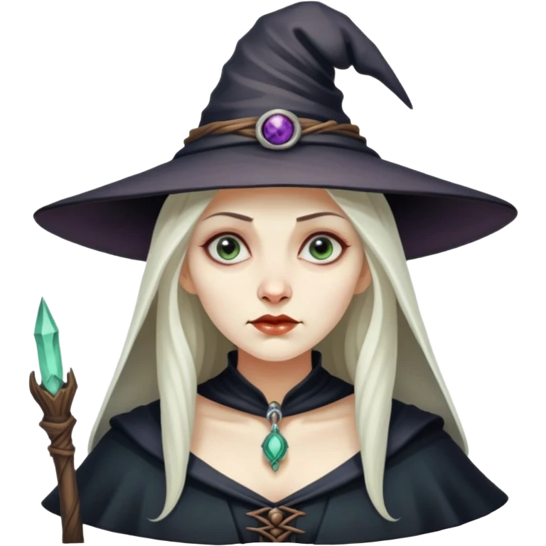 Baba Yaga sorceress woman, classic witch hat, mysterious expression emoji
