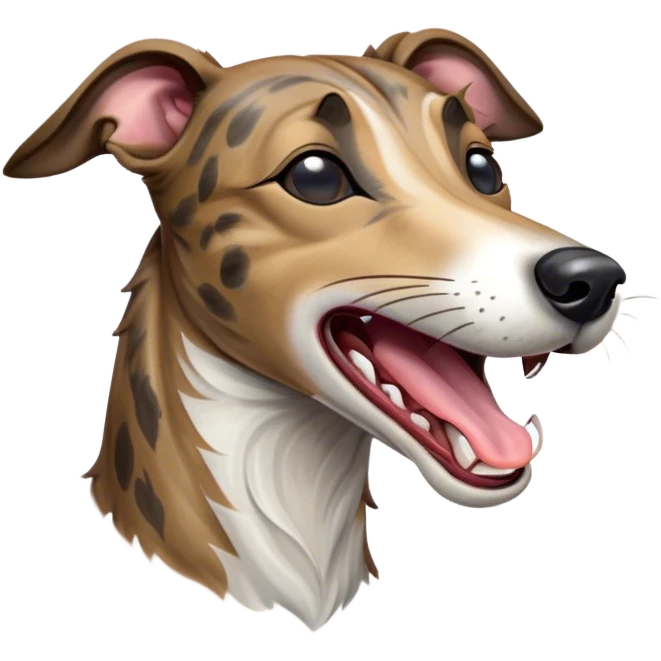 Cinematic Cute Yawning Brindle Greyhound Portrait Emoji, Head tilted slightly with a dramatic, wide-open yawn, showcasing a smooth brindle Fur with a refined pattern, floppy ears slightly drooping, round eyes barely open in drowsy contentment, Simplified yet irresistibly adorable features, highly detailed, glowing with a soft, cozy glow, high shine, relaxed yet expressive, stylized with a touch of whimsy, bright and endearing, soft glowing outline, capturing the essence of a sleepy yet affectionate racer, so drowsy it feels like it could stretch out of the screen and curl up for a nap! emoji