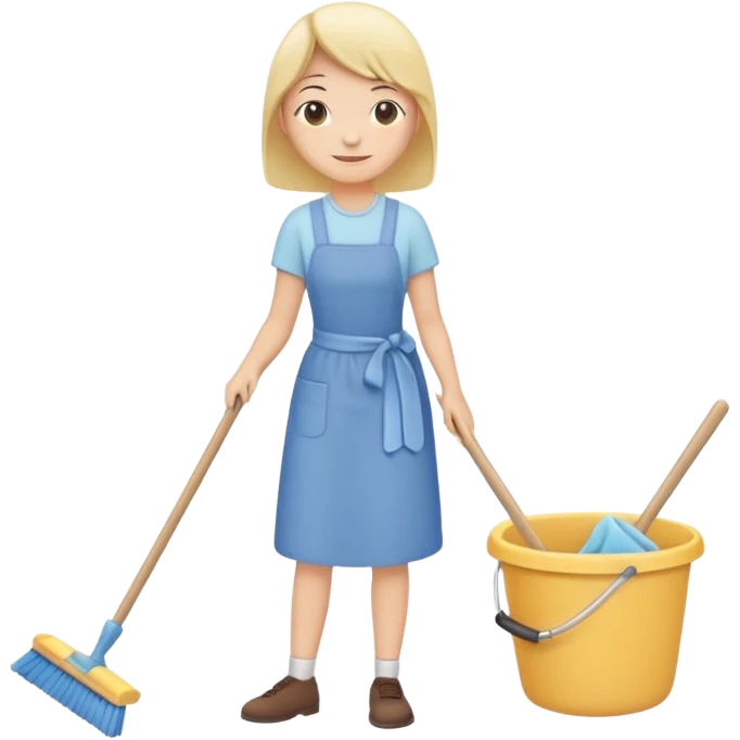 simplified human character calmly cleaning the room, holding a broom or cloth, relaxed smile, peaceful everyday routine, flat custom emoji sticker, soft pastel colors, rounded shapes, minimal details, thick outline, white background, no text emoji