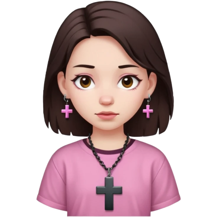 A girl with pale skin, a dark brown wolfcut,baggy pink shirt and cross earrings  emoji