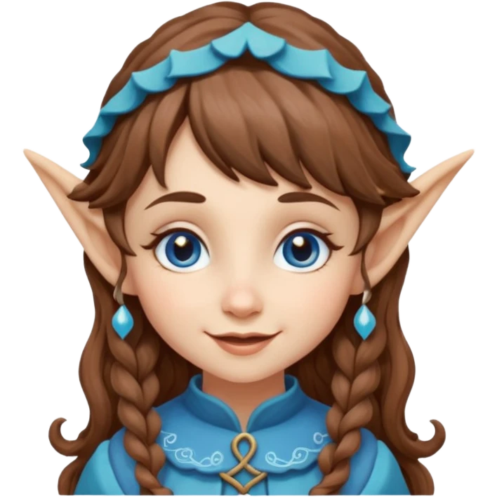 Kind happy whimsical quirky Girl toymaker, wood carving elf. Woodland creator. Blue eyes. brown hair (just below chin length) wavy hair & bangs. Whimsical playful cute emoji