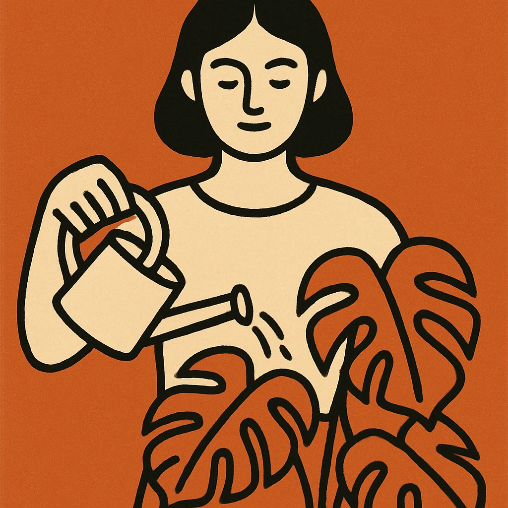 woman watering her monstera plant emoji