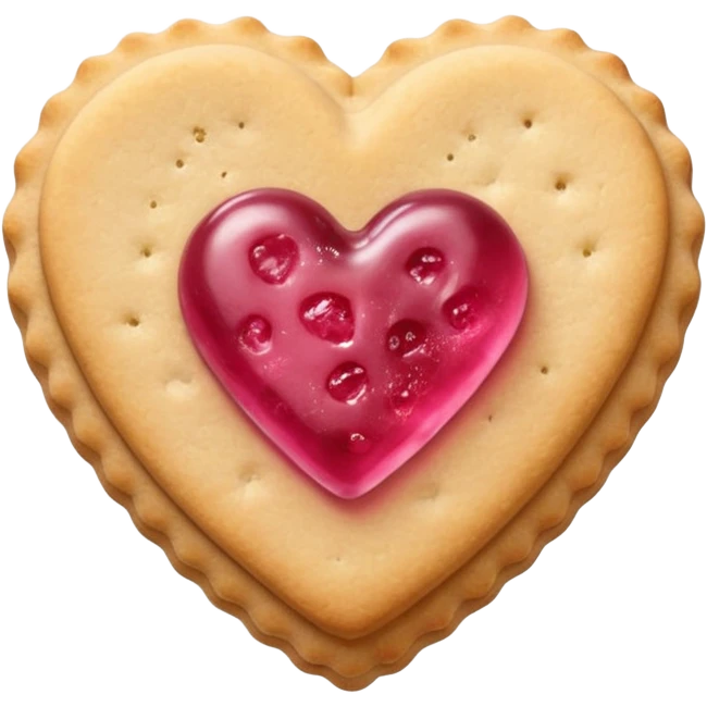 Realistic shortbread cookie in the shape of a heart with pink jelly emoji
