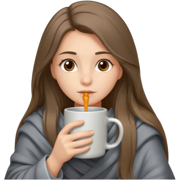 Brown-eyed, fair-skinned girl with long hair down to her shoulders, wrapped in a gray blanket, drinking from a New Year's mug emoji