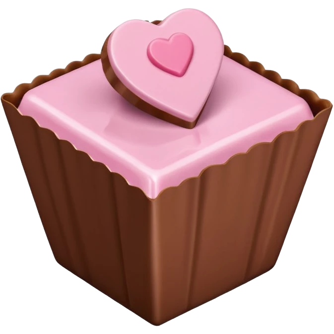 Two square milk chocolate , Each praline is a sharp-edged cube with smooth glossy chocolate coating, placed in a small white fluted paper candy cup. On top of each cube is a flat pastel pink heart-shaped icing emoji
