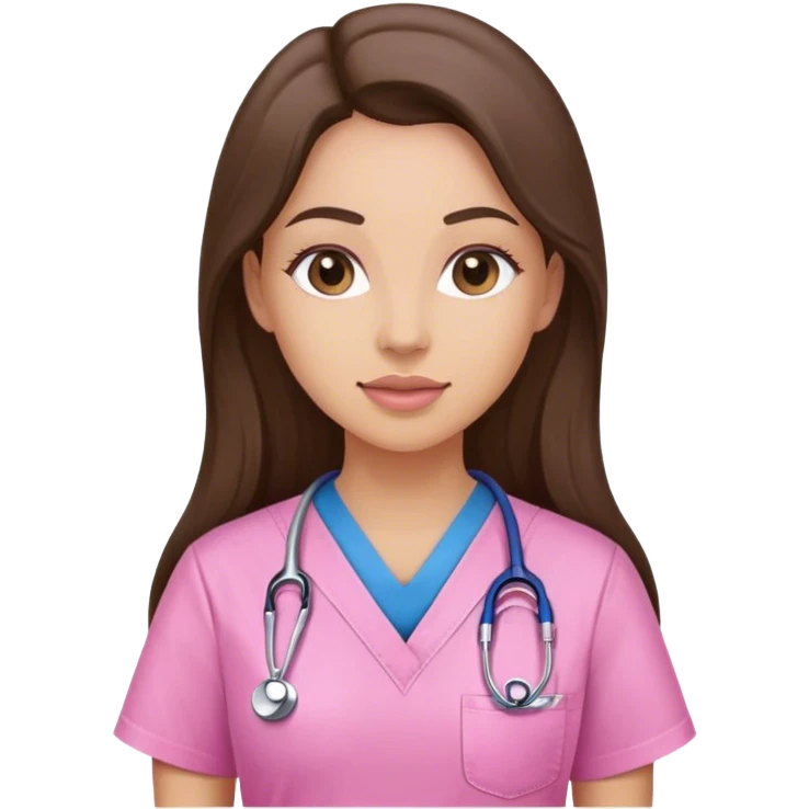 Nurse, woman, long brunette hair, pink scrubs emoji