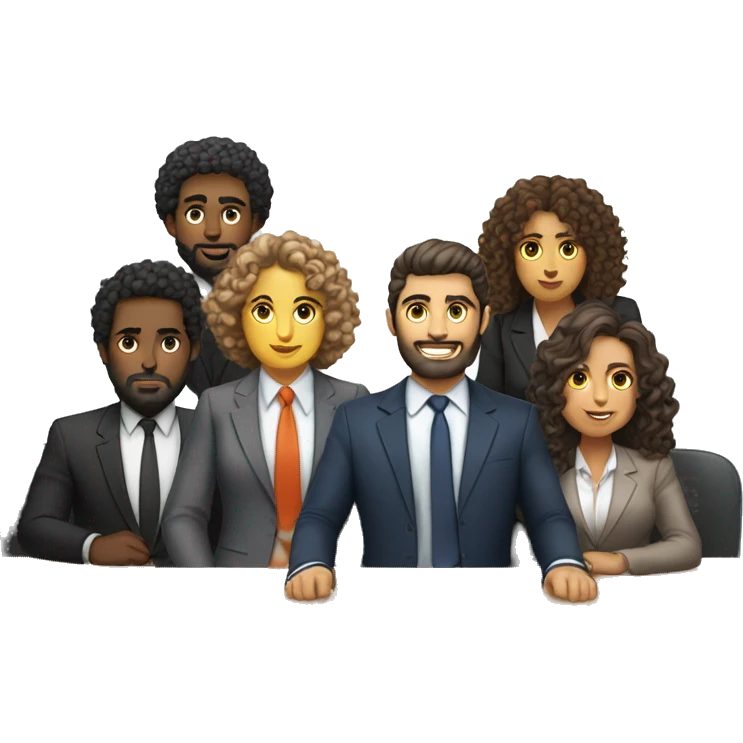 work meeting table 3 men and 4 women sitting on a table wearing suits the women have curly hair and one of the men is fat with a beard and of them is tanned with curly hair emoji