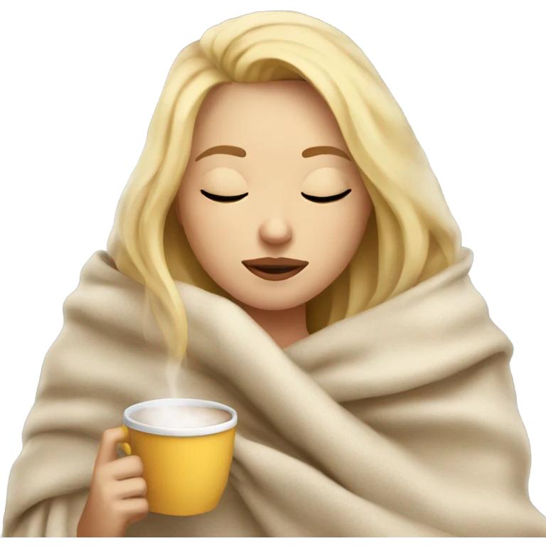 Blonde girl inside a blanket sipping coffee eyes closed emoji