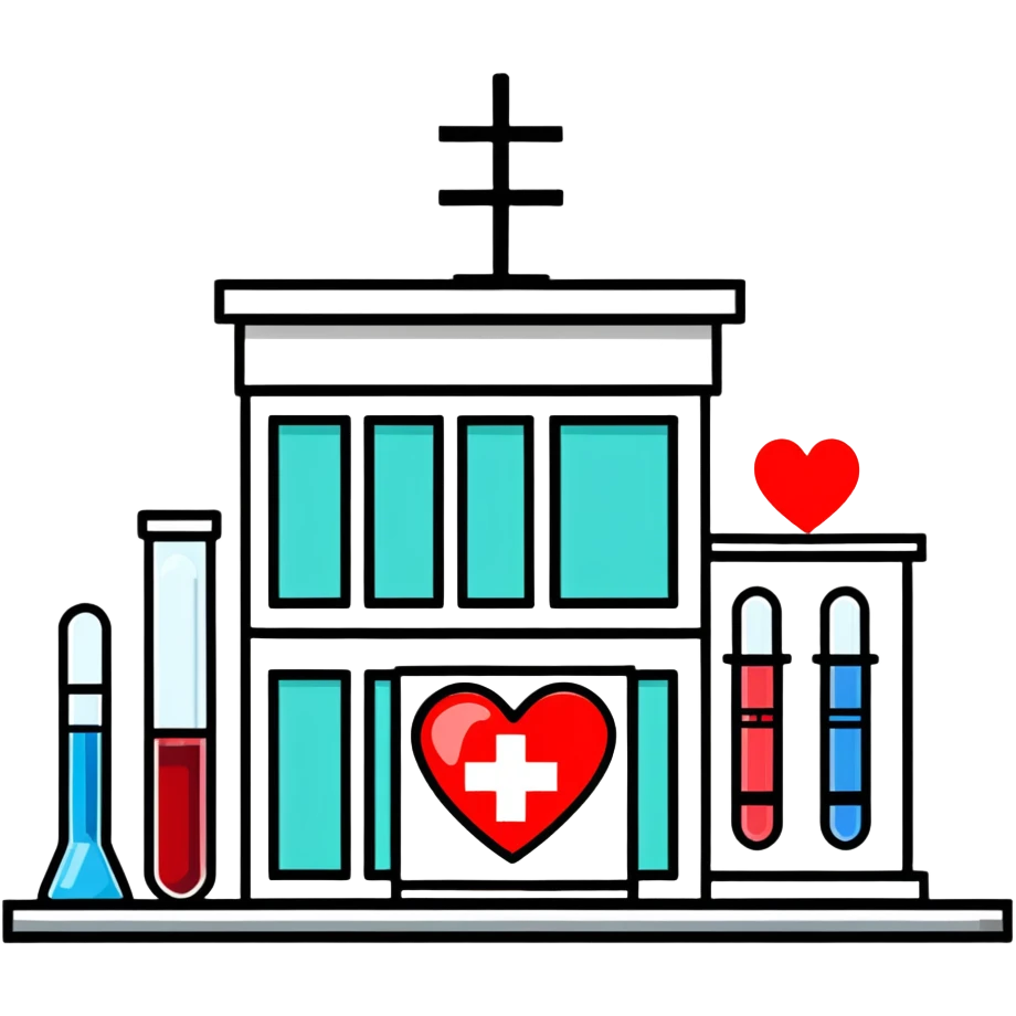 Modern medical clinic building with red cross symbol, test tubes, and heart icon emoji