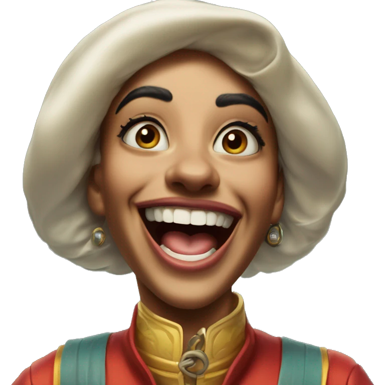 Laughing Jasmine race driver in Uncle Scrooge style, oil paint, mysterious eyes, intricate lips, masterpiece pose, odd perspective, beautiful, desirable, logical emoji