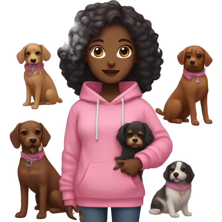 Black girl with long black hair in a pink hoodie holding a fluffy brown dog with a pink collar emoji