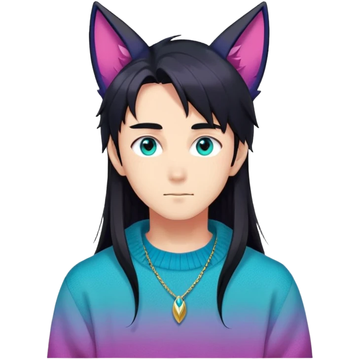 anime man with long-straight-dark-black hair, long black fox ears with pink Scapha, colorful-gradient-brown-turquoise eyes, gold earring, dark-blue-sweater, white pupils,  emoji