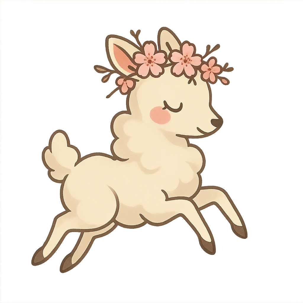 vanilla-colored cloud doe with rosy cheeks, wearing a cherry blossom crown, floating gracefully with witch-like elegance, designed as a brand identity mascot for social media emoji