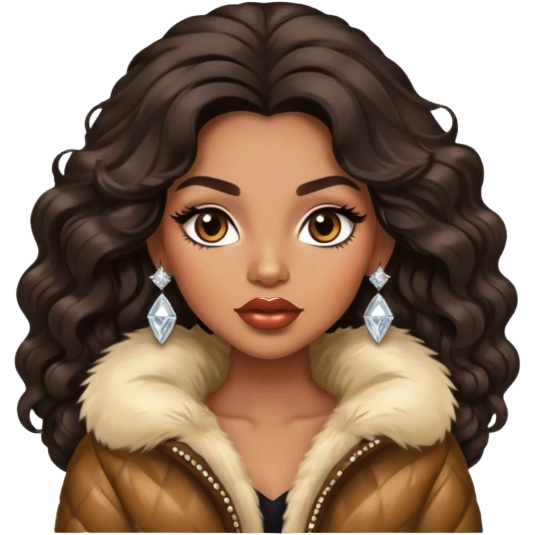 light brown skin tone, very beautiful woman, with big plump lips, long long lashes, black wavy long hair, brown eyes, fur jacket, diamond earrings emoji