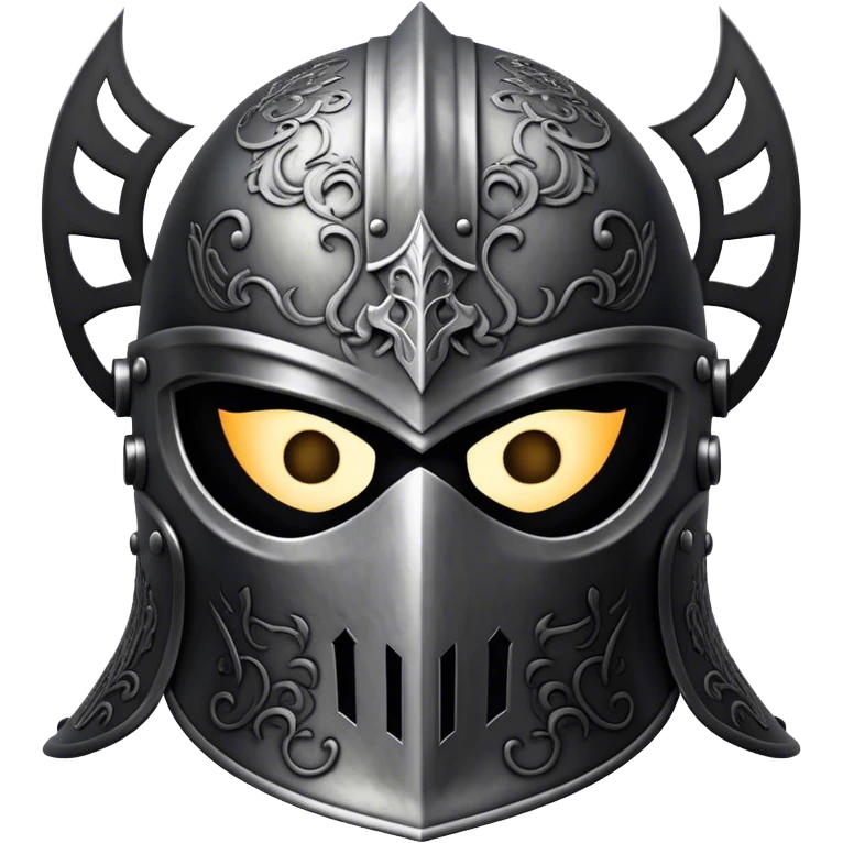A masked knight with intricate black engravings on his steel helmet, eyes glowing with fury emoji