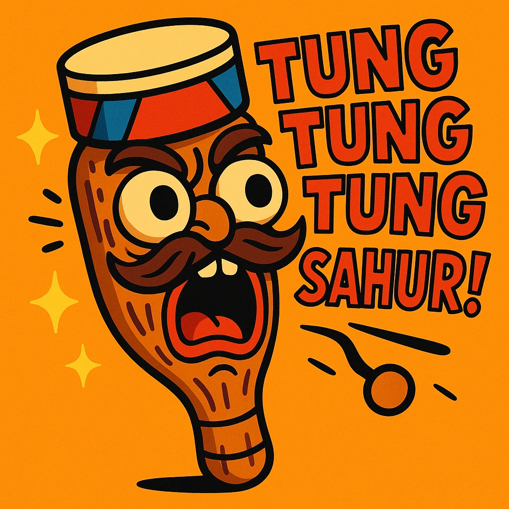 wooden club-shaped emoji character yelling 'TUNG TUNG TUNG SAHUR!', bug eyes, carved face, wild mustache, drum hat, chaotic brainrot energy, sparkles, vibrant energetic style emoji