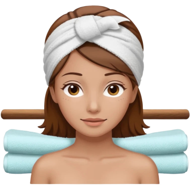rosto de uma mulher com uma faixa de toalha no cabelo de cor todo castanho como se estivesse no spa, sem o pescoço, somente o rosto emoji