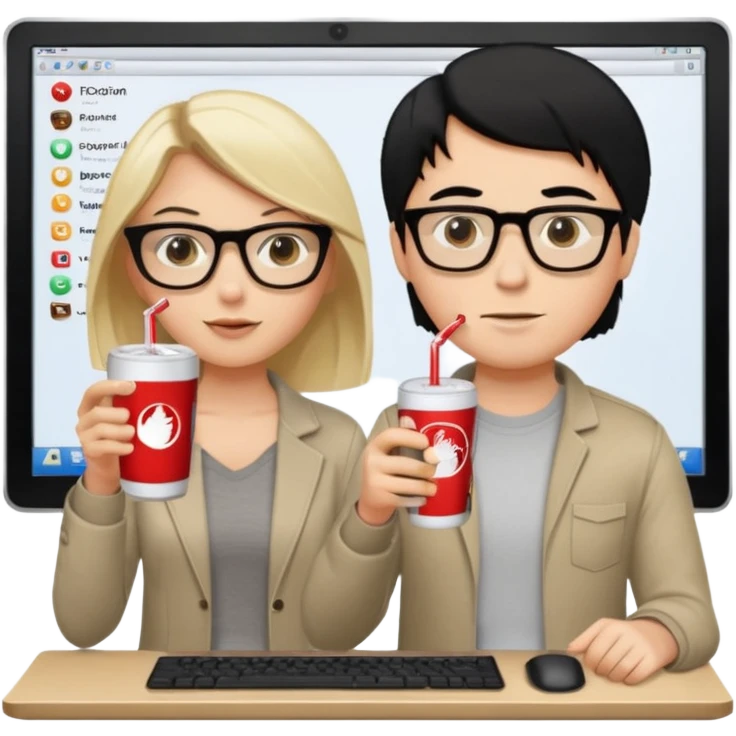 Hombre blanco con gafas, pelo negro tomando un refresco frente a un ordenador con ropa de sport, en la pantalla del ordenador una mujer rubia tomando café emoji