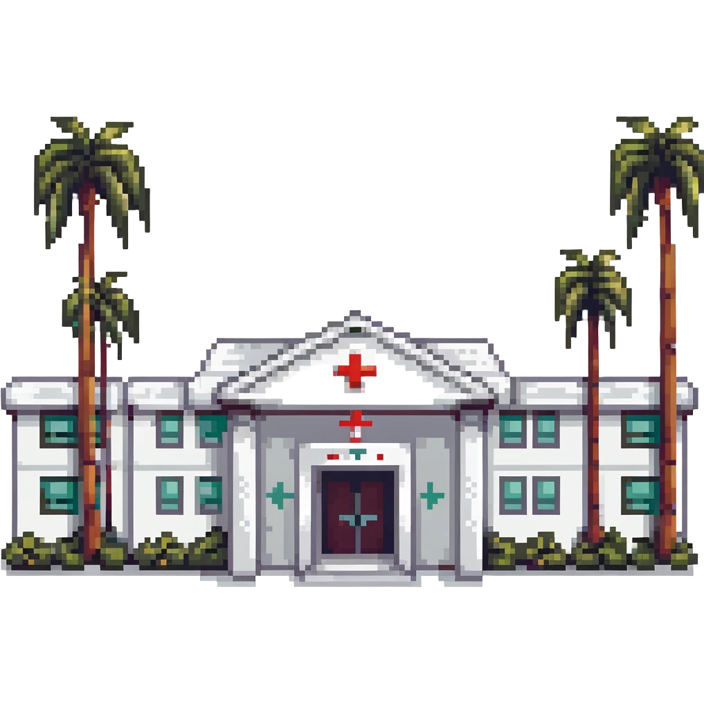 Bangkok hospital with tropical palm trees and Thai style entrance emoji