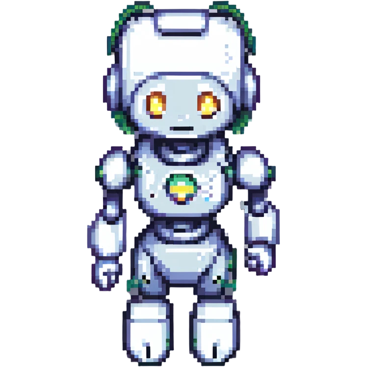 shoulders-up portrait of a cute female recruiter robot, 8-bit pixel art style, metallic, talking, one hand in the air, with long eyelashes emoji