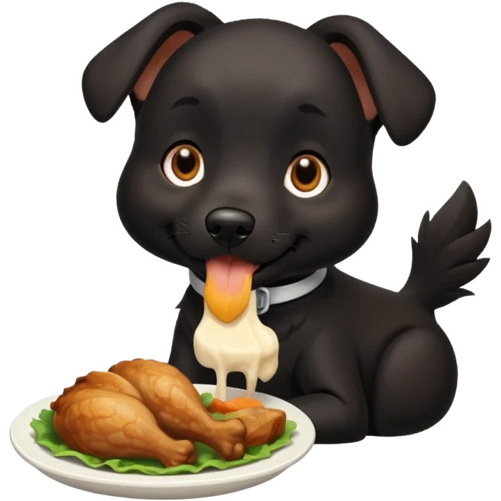 Can you create a black dog with a white stripe chasing it’s own tails and eating chicken emoji