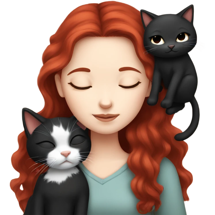 White skin dark red haired girl sleeping with a black kitten emoji