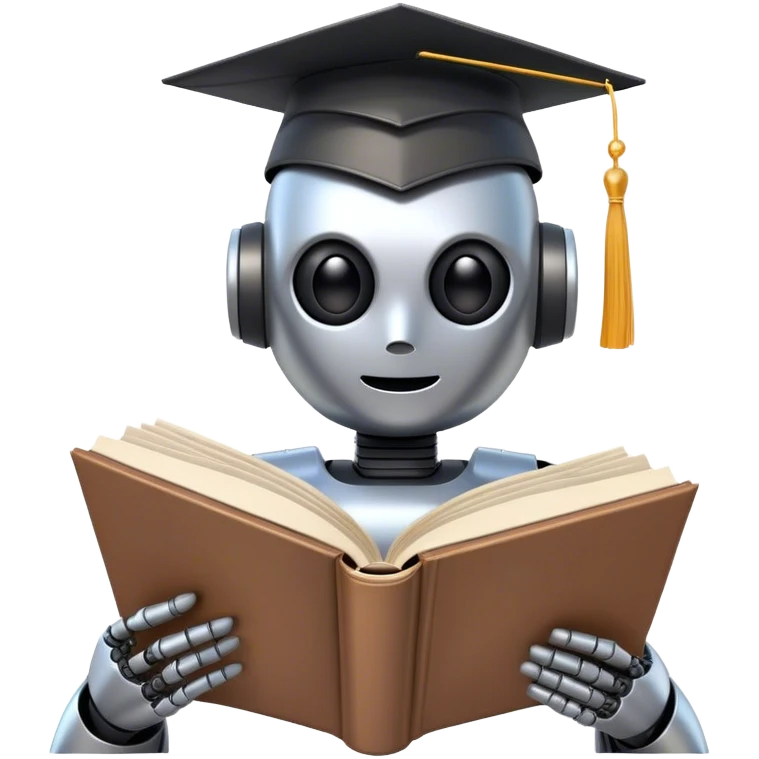 non-anthropomorphic robot reading a big book with graduation head emoji