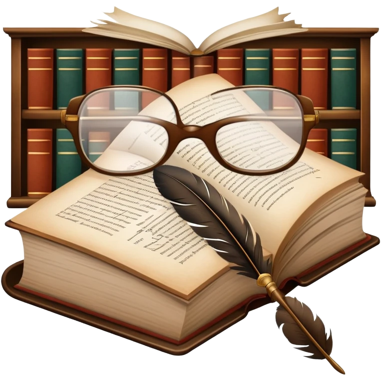 An icon featuring an open book with classic text, a feather quill, and reading glasses, symbolizing literary studies. The design includes old library shelves and vintage manuscripts in the background. Transparent background emphasizes the deep analysis of written works and literary history. emoji
