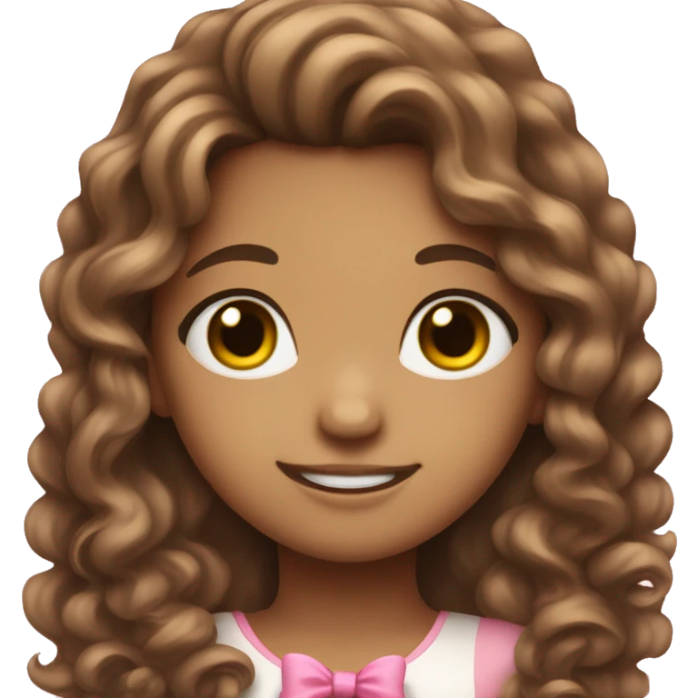 cute girl with long curly brown hair with pink bow in hair on the sideemoji emoji