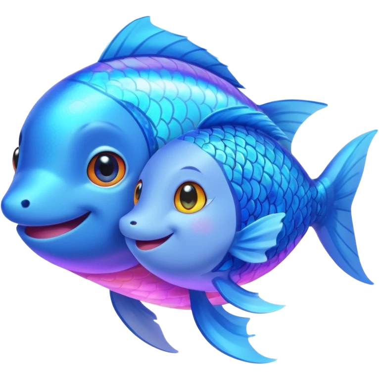 Make a pair of hugging or cuddling best friends: a rainbow fish glow with a magical aura and a vivid blue fox emoji