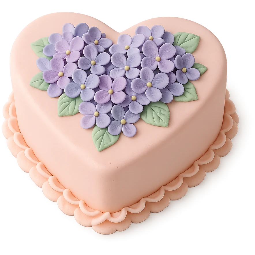 heart-shaped fondant cake with piped hydrangeas emoji