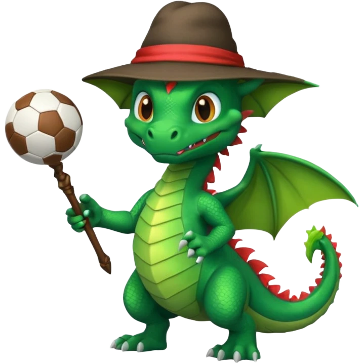 ein Drache mit einem Zauberstab in der Hand  und einen Hud  auf dem kopf,ein Fussball in der anderen hand emoji
