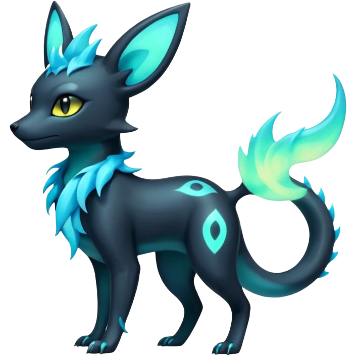 Shiny Ethereal Eldritch Cool Edgy Badass Punky Aural Iridescent Fluorescent Bioluminescent Umbreon-Amaura-Salandit-Vaporeon-Fakémon-fusion (full body) emoji