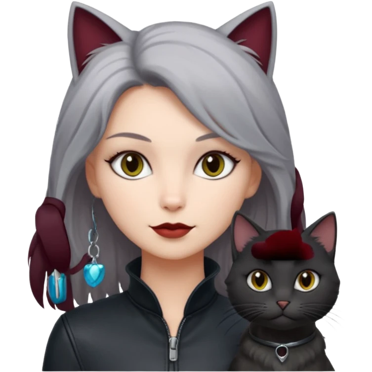 femme aux yeux gris, cheveux court bordeaux avec cuir noir, accompagné d'un chat poils longs gris clair et d'un chat poils ras noirs emoji