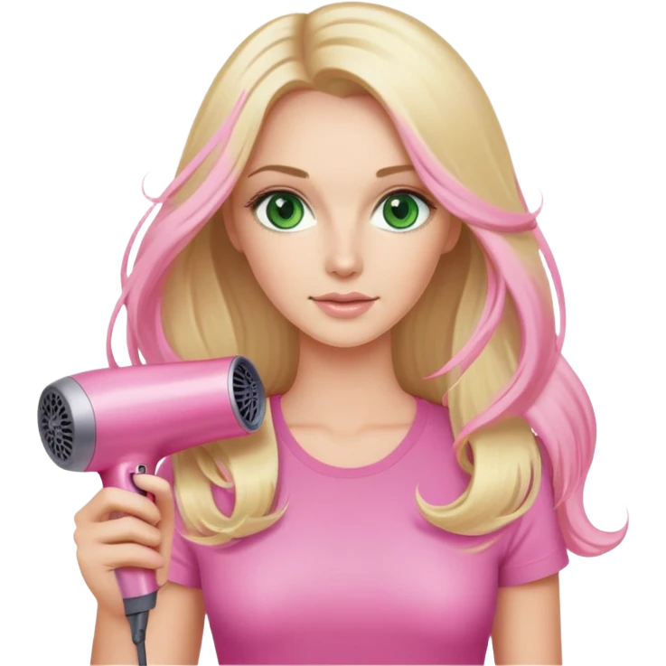 blonde with long hair, green eyes, holding pink Dyson hair dryer emoji
