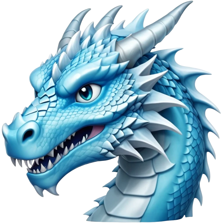 Cinematic Noble Fierce Ice Dragon Portrait Emoji, Poised and imposing, with a muscular, long elegant snout, scaled body shimmering in glacial hues of icy blue, frostbitten silver, and crystalline white, breathing out frost, with piercing, glowing eyes that radiate the chilling depths of an arctic storm; rendered in detail. emoji