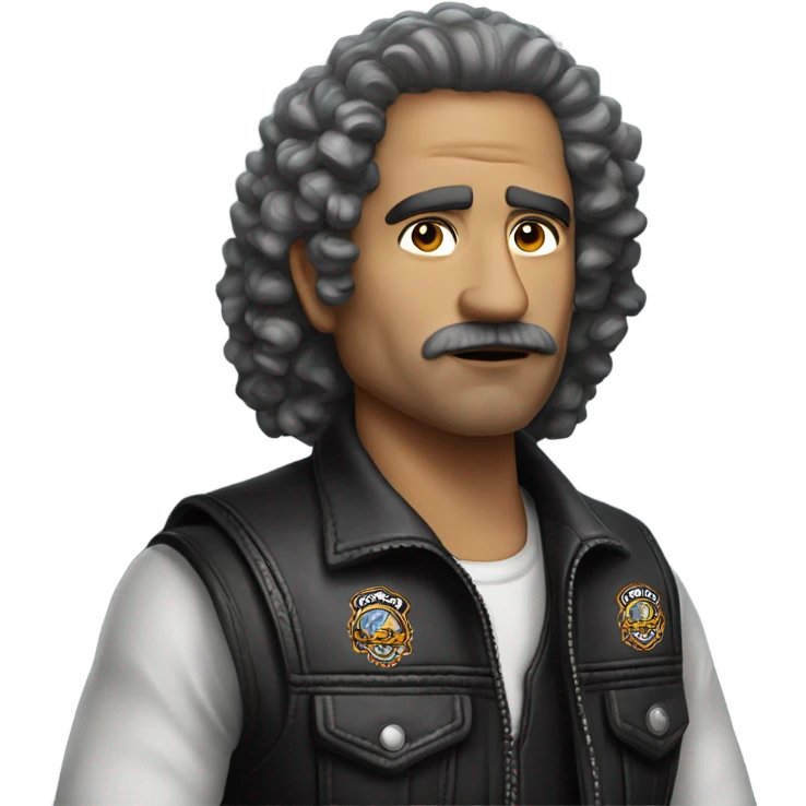 A middle-aged Mexican with curly hair. Wearing the vest of the Chosen Few motorcycle club emoji