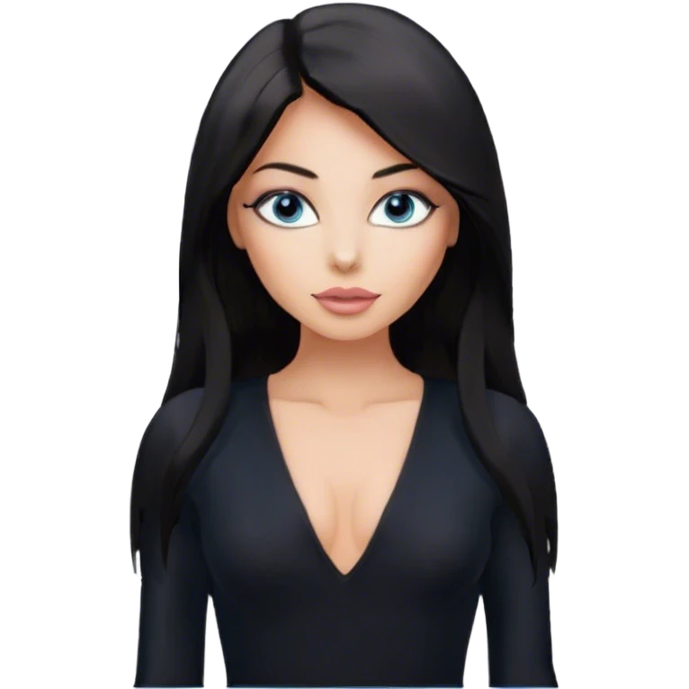 Glamours, tanned, beautiful, girl, with blue eyes, big pump peach-beige-rose lips, eyeliner, long lashes, black straight smooth silky long hair, parting hair in the middle,  in black v-neck bodysuit long sleeves emoji