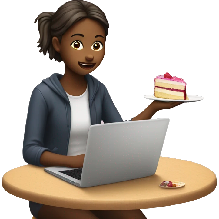 Girl on laptop eating cake emoji
