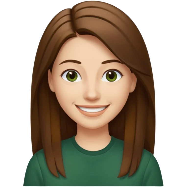30 yr Caucasian woman long brown straight hair parted on side dark green shirt big smile emoji