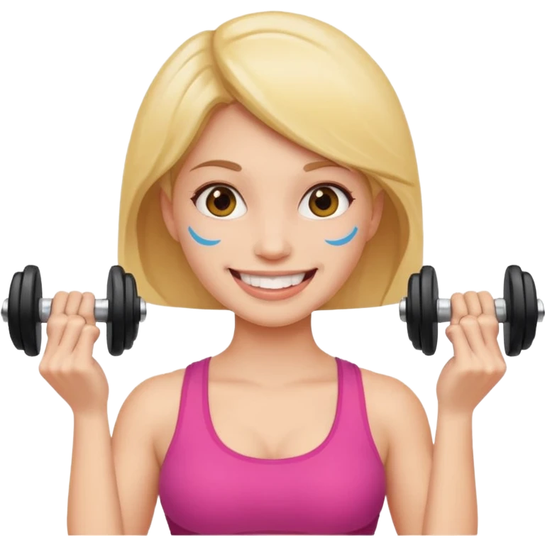 woman holding dumbbell in one hand and face roller in another, smiling, emoji style emoji
