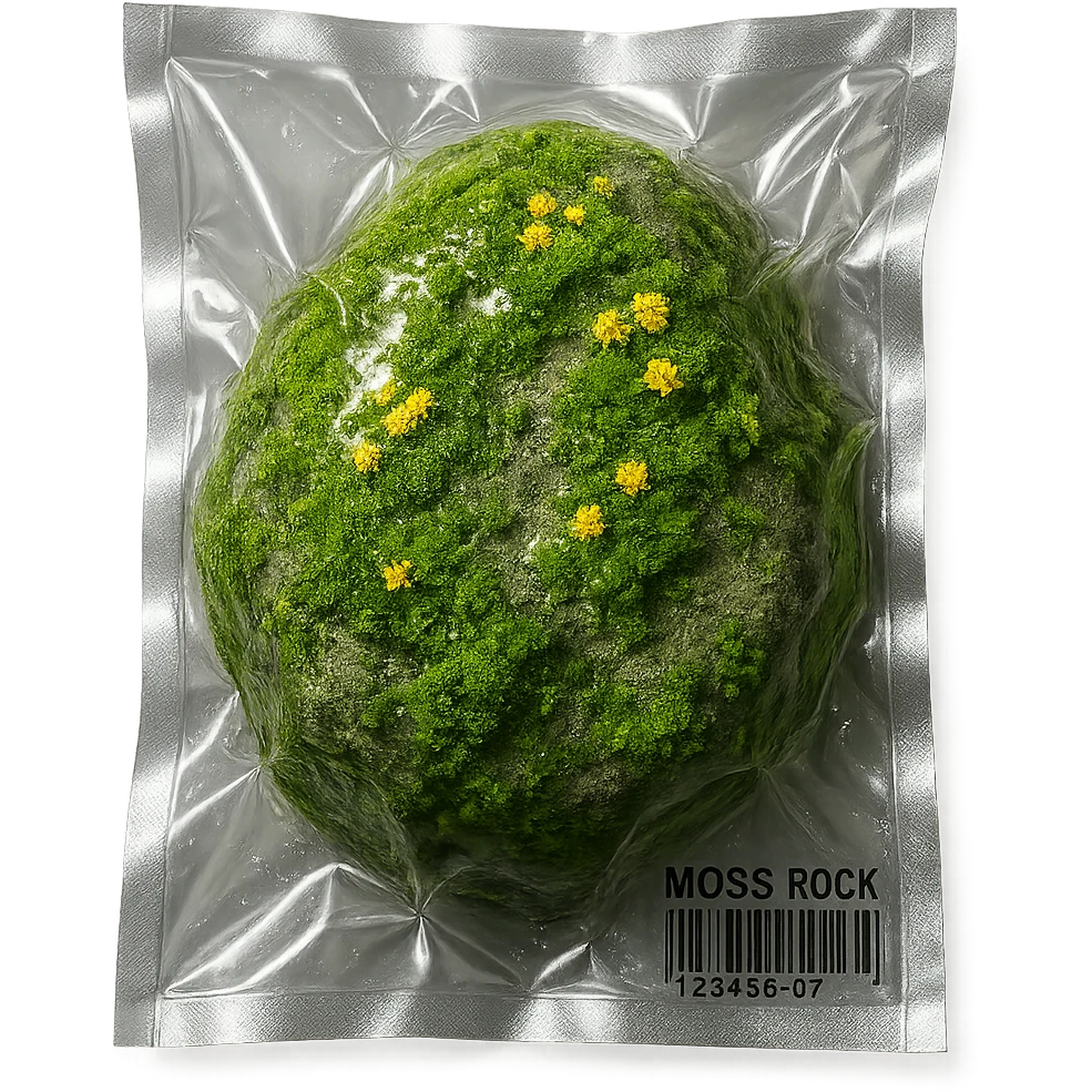 light gray rock, covered in green moss with clusters of small bright flowers, glossy emoji