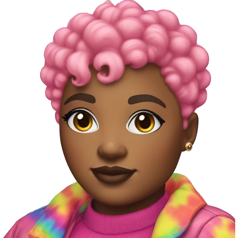 Plus size black woman with chinky eyes, pink curly pixie cut hair and a rainbow tie dye bubble jacket  emoji