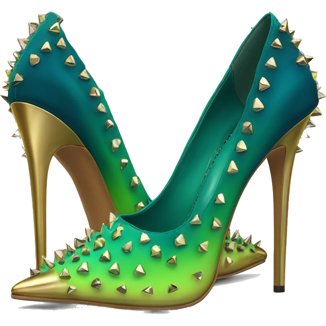 Hyper-realistic top front view of a pair of lime green to dark teal blue ombre pointed toe high heels with gold studs over them. emoji