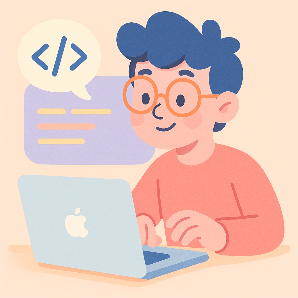 a person coding in front of a MacBook, pastel cartoon style, soft colors, playful atmosphere emoji