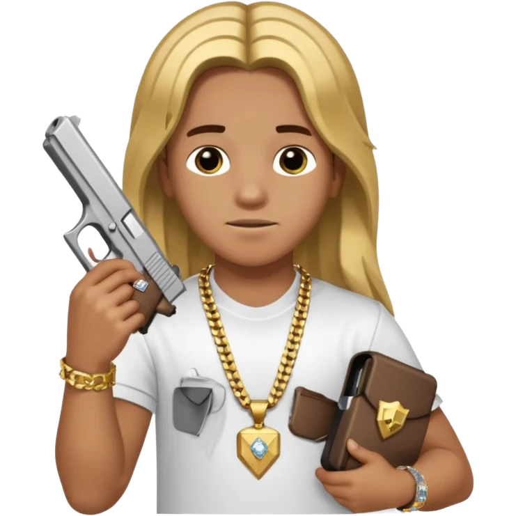 kid with long hair holding a glock, wearing a diamond grill and a 24 karat gold chain emoji
