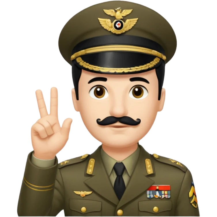 A man in German World war 2 in uniform have his arm extended outward with his fingers strait and outward. He has black hair in a side part, mid 50’s and has a small square mustache emoji