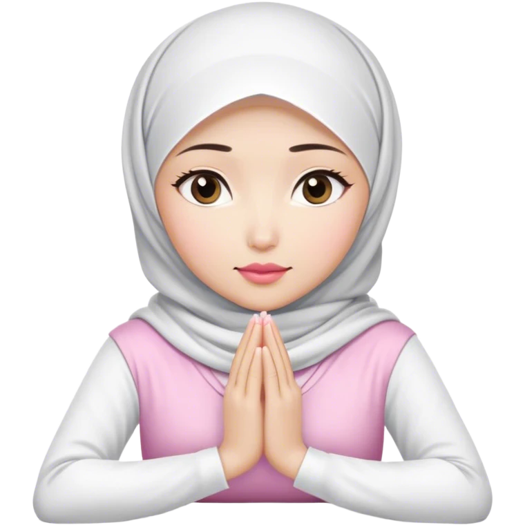 A white Asian woman, white hijab women are listening with her hands folded on the table. her lips is pink. her outfit & hijab color is white. Her fingers are 10. emoji