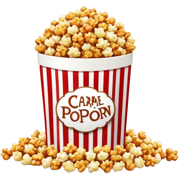 large package of caramel popcorn, red and white vertically striped package with thick stripes, golden brown caramel popcorn visible at the top, no text or labels on package, only stripe pattern, authentic Apple emoji style with glossy finish, prominent package size emoji